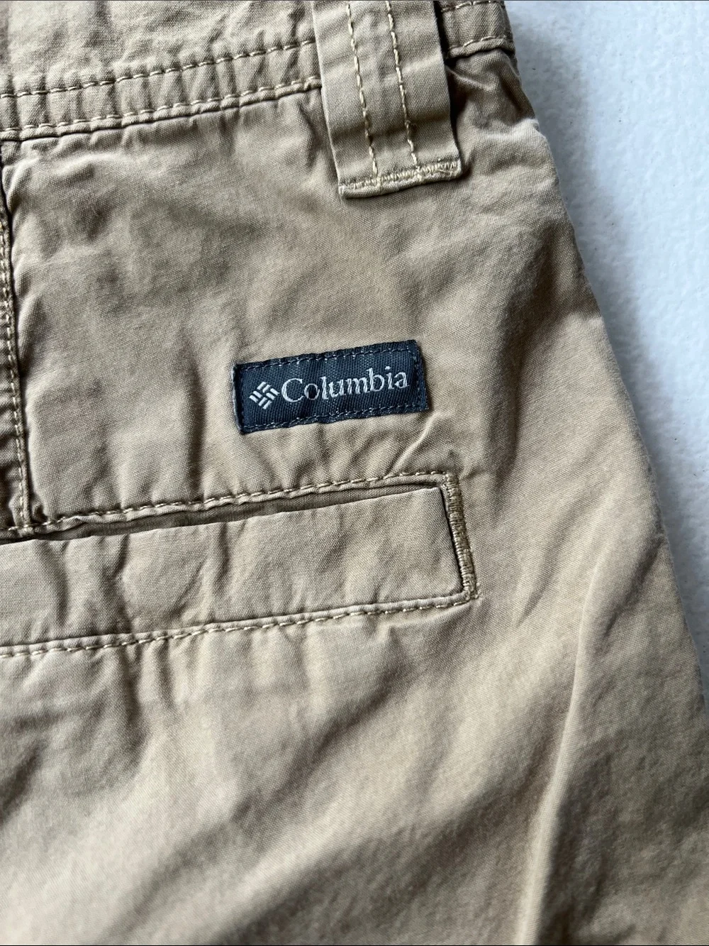 Columbia Men's Tan Cargo Shorts with Navy Logo Patch